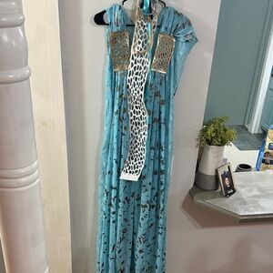 Blue and Brown Patterned Maxi Dress